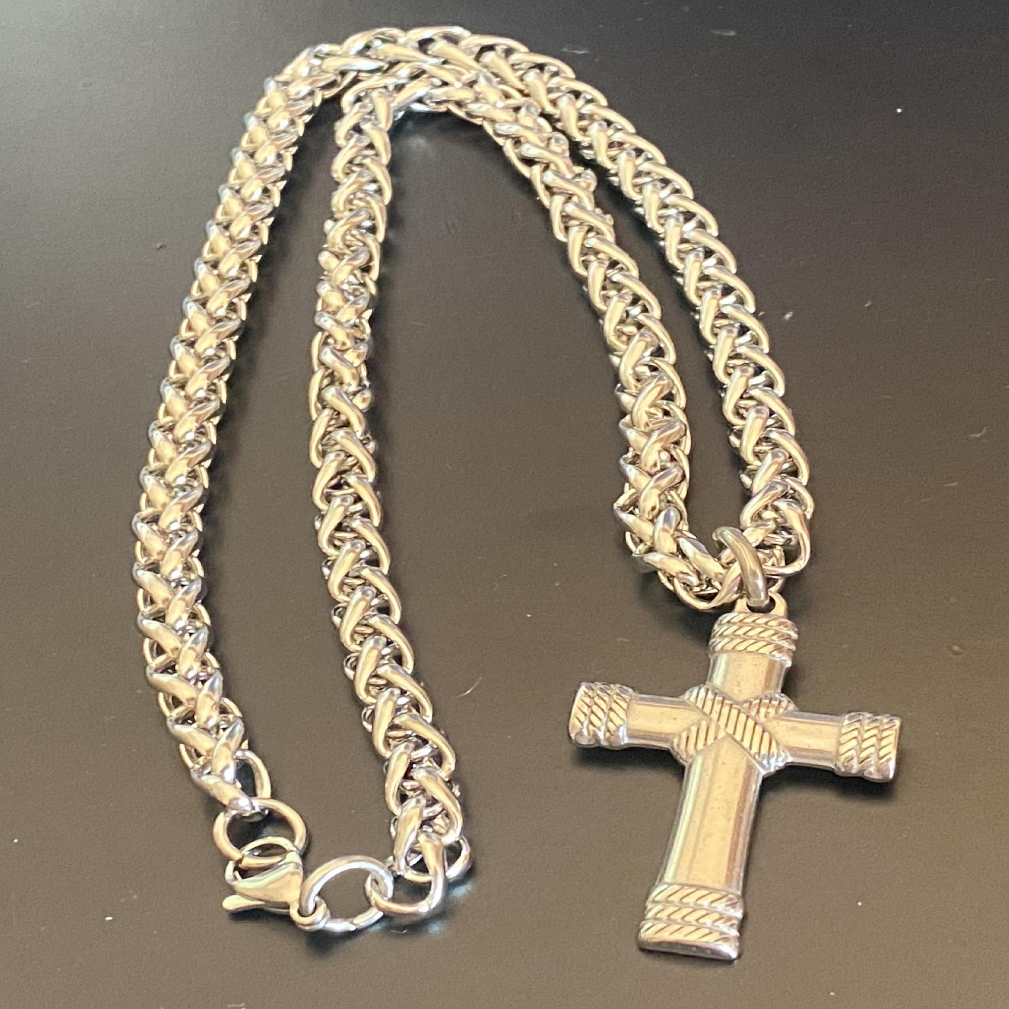 Collana da uomo con croce rosario in acciaio inox catenina lunga 50 cm punk